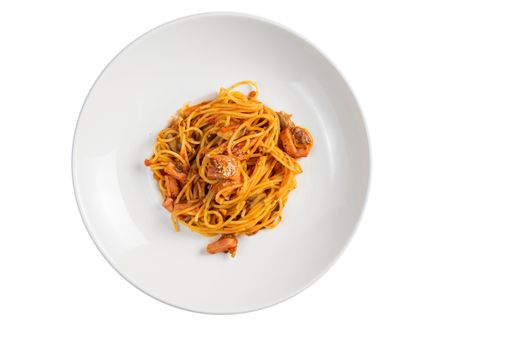 A spaghetti with a mushroom on a white plate isolated on a white background