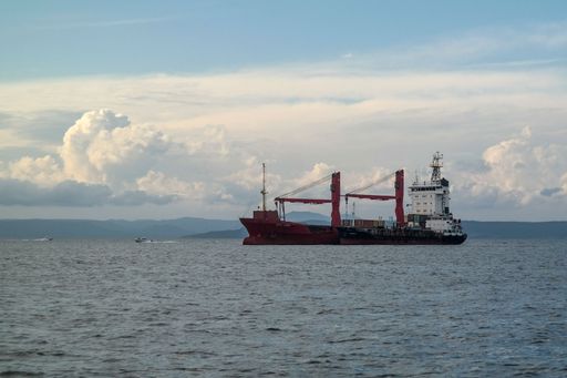 A cargo vessel in the vicinity of the port city of Vladivostok, Russia