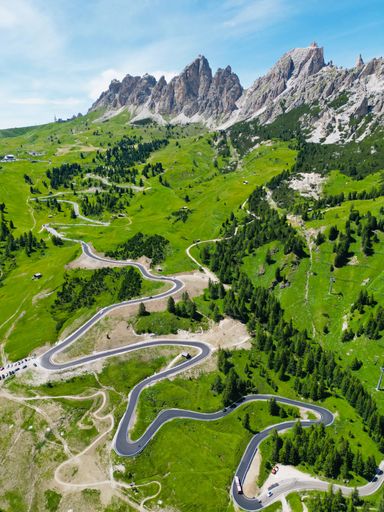 A vertical shot of a high mountain pass in the Dolomites of South Tyrol in northeast Italy.