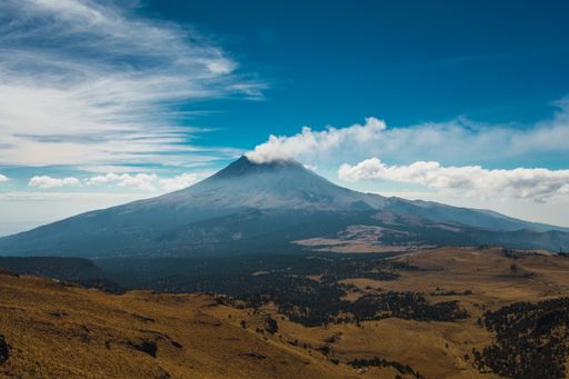 A View of the popopocatepetl volcano on the slopes of iztaccihuatl