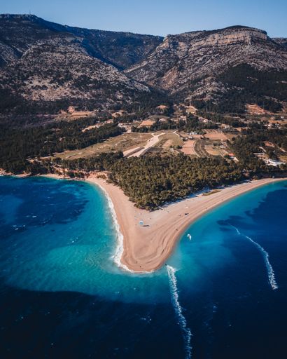Famous Zlatni rat beach in Bol, Island Brac, Croatia, Europe. Also called golden horn or golden cape. April, 2021.