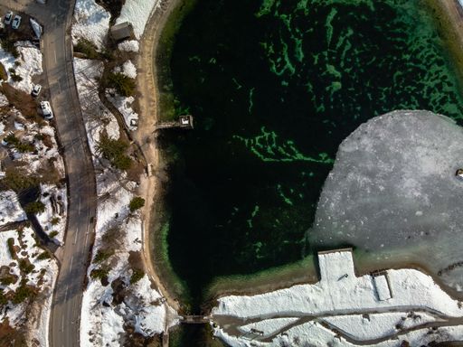 A beautiful bird's-eye view of Jezero Jasna Icy man-made lake in Slovenia