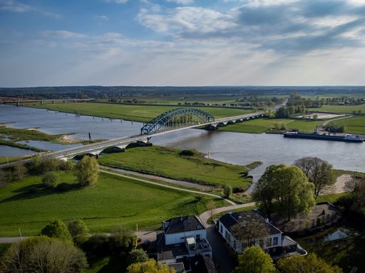 A distant view of a bridge over the IJssel river in Zwolle, Overijssel province, Netherlands