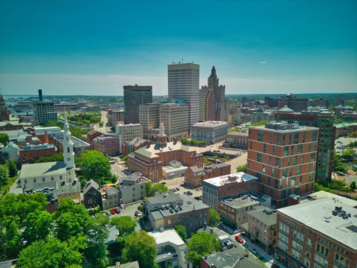 A high angle shot from College Hill in Providence, Rhode Island of the city skyline, United States