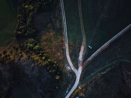 An aerial view of roads with multiple directions