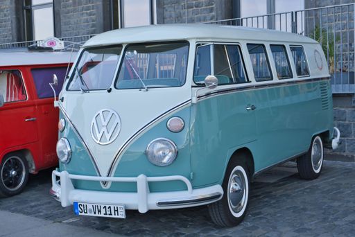 Volkswagen, VW bus from the sixties at the oldtimer exhibition in Cologne, Germany, diagonal front view