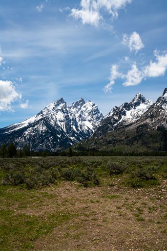 A vertical shot of empty grass plain and mountain range in the background