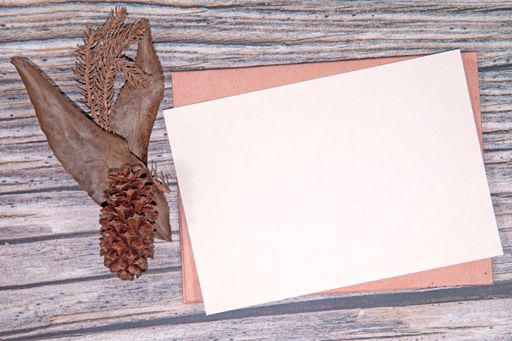 A top view of a blank sheet of paper with copy space and dried leaves on a wooden surface
