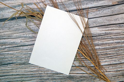 A top view of a blank sheet of paper with copy space and dried plants on a wooden surface
