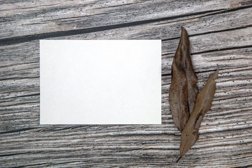A top view of a blank sheet of paper with copy space and dried leaves on a wooden surface