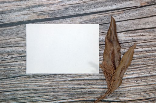 A top view of a blank sheet of paper with copy space and dried leaves on a wooden surface