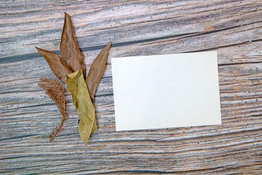 A top view of a blank sheet of paper with copy space and dried leaves on a wooden surface
