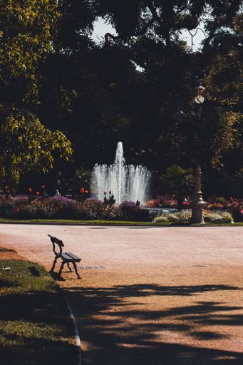 A vertical shot of a beautiful park with a fountain on a sunny day