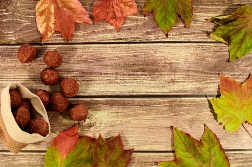 Autumn leaves and bowls of nuts on a wooden table with a space for a text