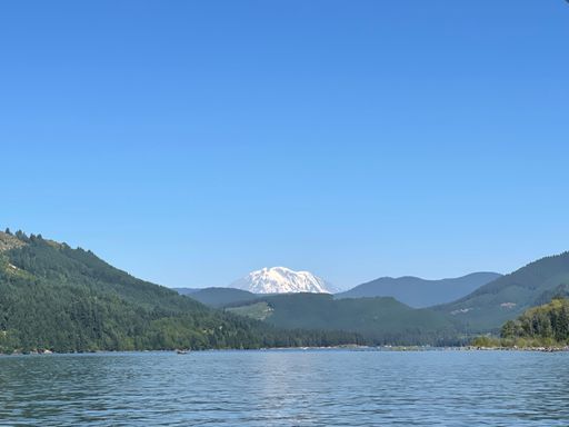 A beautiful landscape of Mt. St Helens from Swift Reservoir on a sunny morning