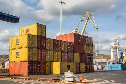 Andernach, Rhineland Palatinate, Germany - October 25, 2019: several stacked contailers in a container terminal