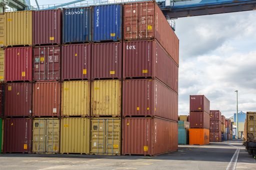 Andernach, Rhineland Palatinate, Germany - October 25, 2019: several stacked contailers in a container terminal