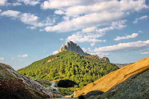 A scenic view of a mountain covered with green forest under a cloudy blue sky on a sunny day