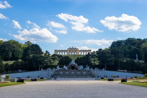 The Schonbrunn Palace with the Neptune fountain in front in Vienna, Austria