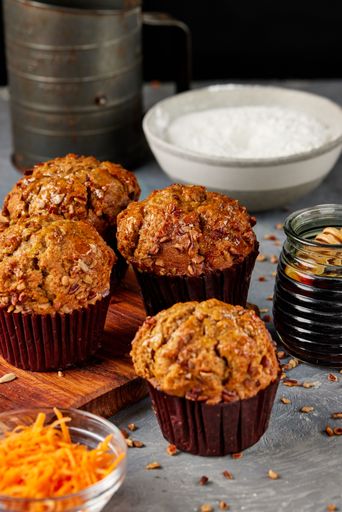 A vertical closeup shot of homemade muffins