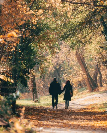 A vertical shot of a romantic couple walking on a trail through an autumn forest