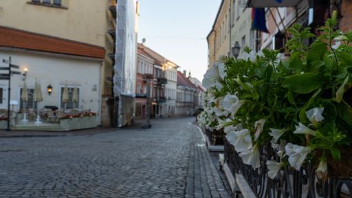 A street shot of the old town of Vilnius, quiet neighborhood with beautiful buildings