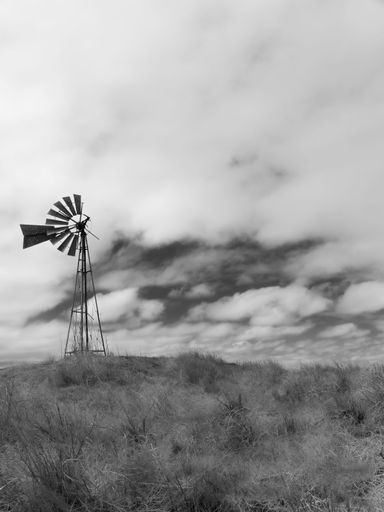 A vertical grayscale shot of an American-type windmill in the meadow against the cloudy sky.