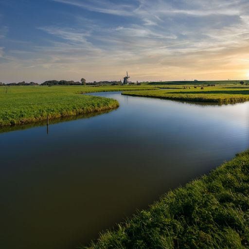 A beautiful view of the river flowing through the fields with a windmill on the background