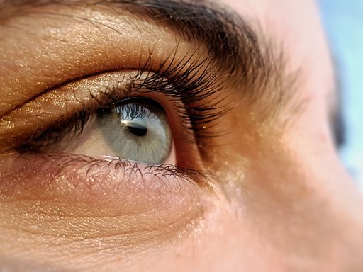 An extreme closeup of a woman's gray eye and long lashes