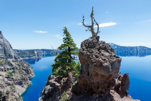 A horizontal image of an above view on Crater lake in National Park in Oregon