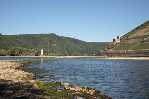 The low water on the Rhine river during a drought in Bingen, Germany