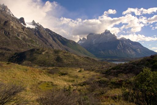 A beautiful scenery of mountains under the cloudy sky in Torres del Paine National Park, Chile