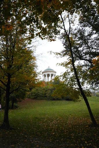 A vertical shot of the ancient Greek style monopteros in the English Garden with lush trees around it