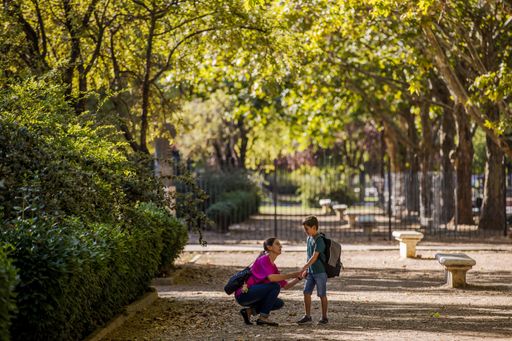 The view of the mother giving advice to her son on the way to the school