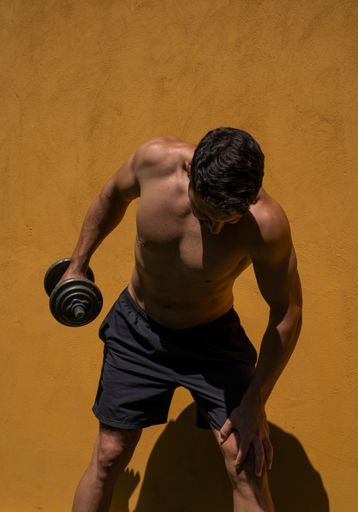 A man doing some work out below harsh sun outside.