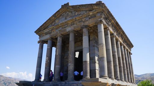 A low angle shot of the best-known structure in the village of Garni, Armenia called Garni Temple