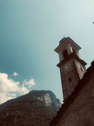 A vertical shot of a church in Switzerland with a forested mountain in the background