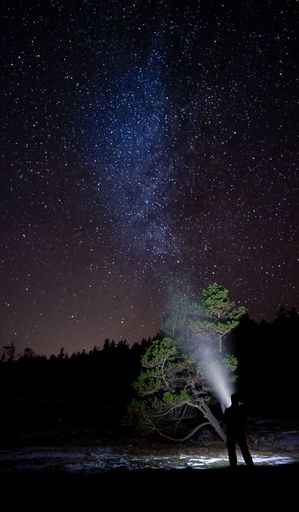 A vertical shot of a person holding a flashlight upwards, towards the Milky Way in the night starry sky