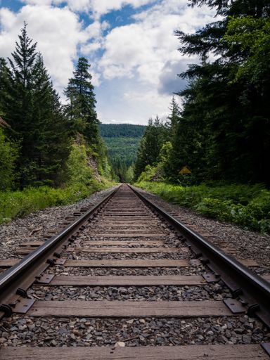 A vertical shot of brown train tracks in the middle of green forests under blue cloudy sky