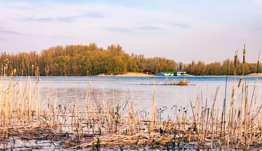 Little house close to the Dnieper river in Kiev, Ukraine, at the beginning of spring, under a light blue sky