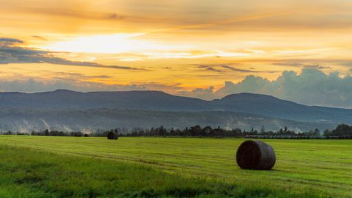 A beautiful view of the field with haystacks at scenic sunset