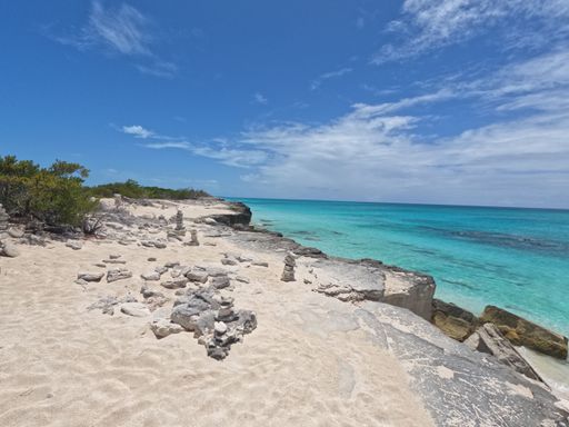 A beautiful scenery of a sandy beach with balanced stacks of rocks on the shore