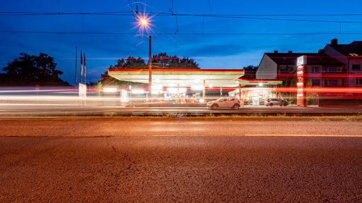 A long exposure of traffic light in the evening city