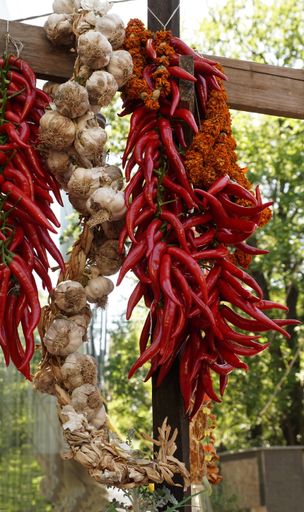 A vertical of red pepper and garlic hanging from wooden boards