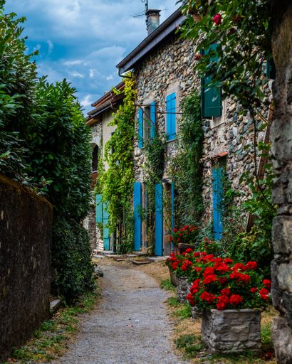 A vertical shot of a narrow road between the stony buildings decorated with flowers and plants