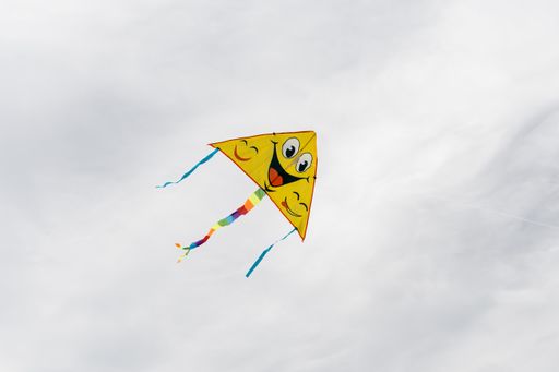 A cartoon kite in the white sky