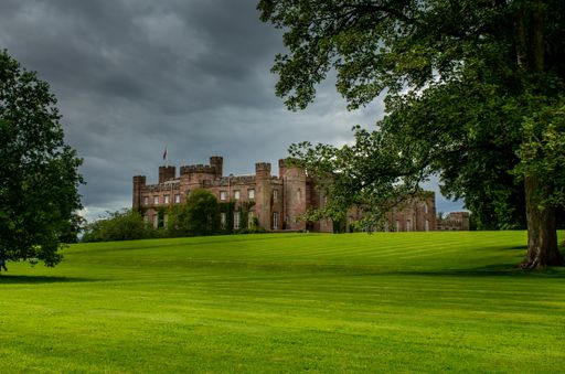 A beautiful view of the Scone Palace in Perth, UK on a cloudy day