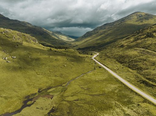 An aerial view of beautiful Scottish Highlands on a cloudy day