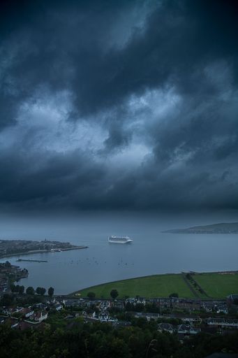 A vertical shot of the Emerald Princess cruise ship from Lyle hill in Greenock, Scotland, UK.