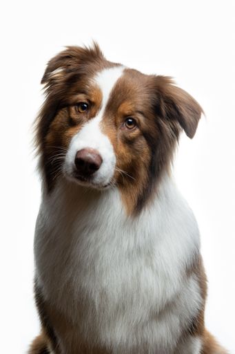 A vertical shot of an adorable Australian Shepherd looking at the camera on a white background